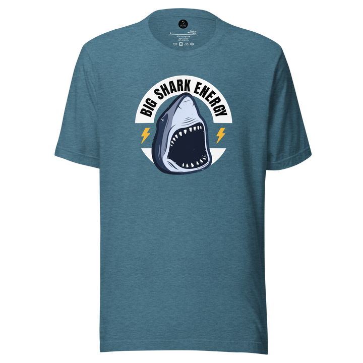 Blue t-shirt with a shark graphic and 'Big Shark Energy' text on a white background