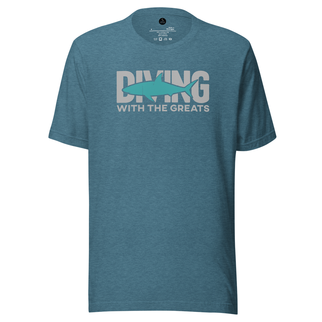 Blue t-shirt with 'Diving with the Greats' text and fish graphic on a white background