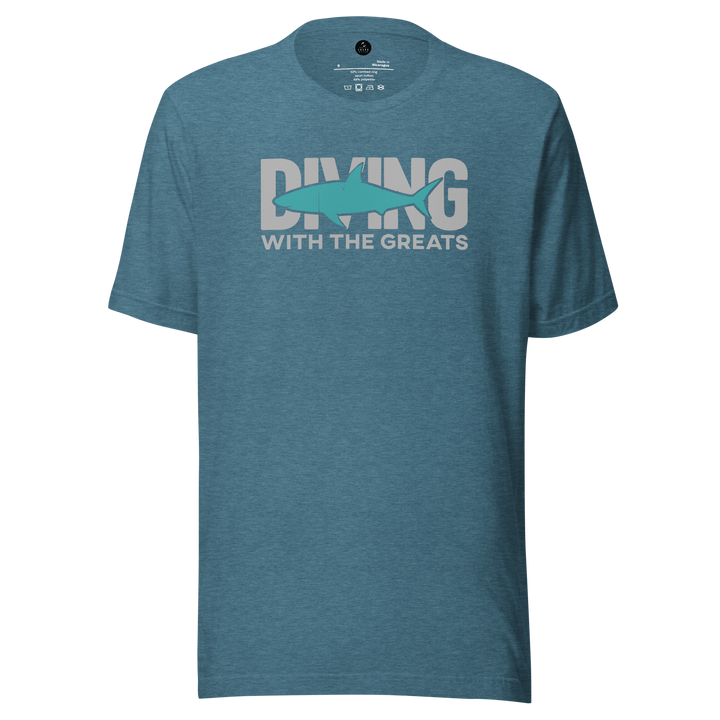 Blue t-shirt with 'Diving with the Greats' text and fish graphic on a white background