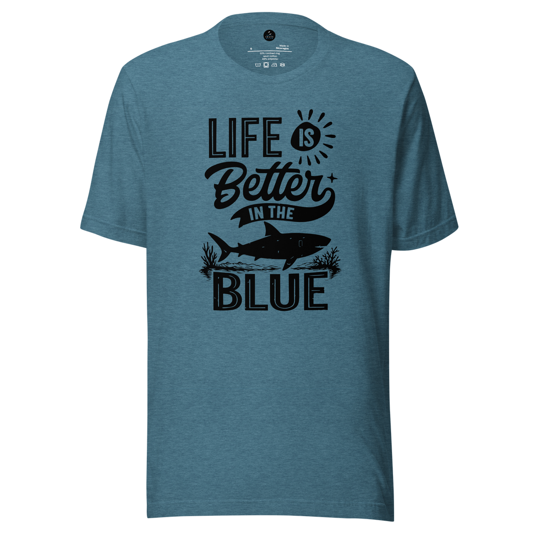 Blue t-shirt with 'Life is Better in the Blue' text and fish graphic on a white background