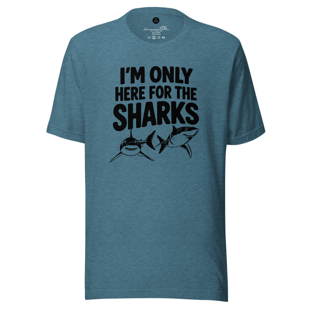 Blue t-shirt with black text and shark graphics on a white background