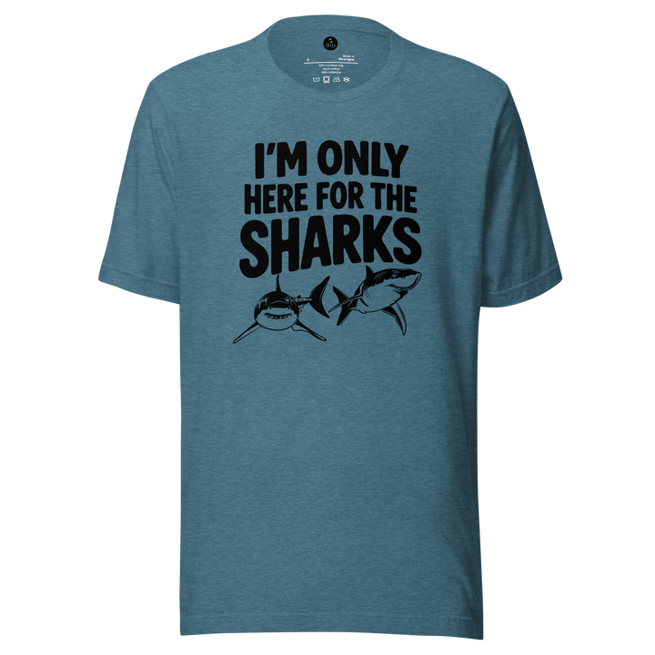 Blue t-shirt with black text and shark graphics on a white background