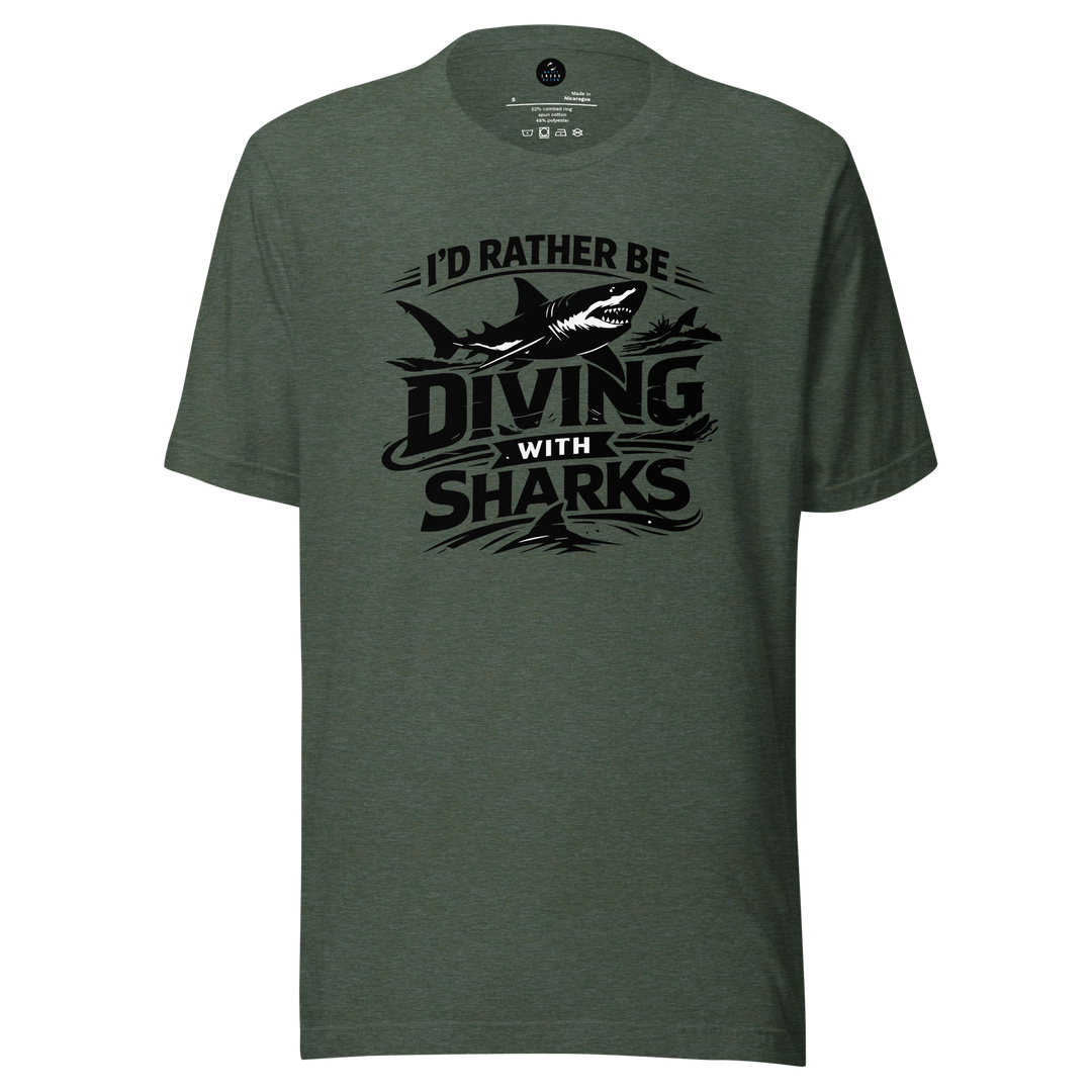 Green t-shirt with 'I'd Rather Be Diving With Sharks' text and shark graphic on a white background
