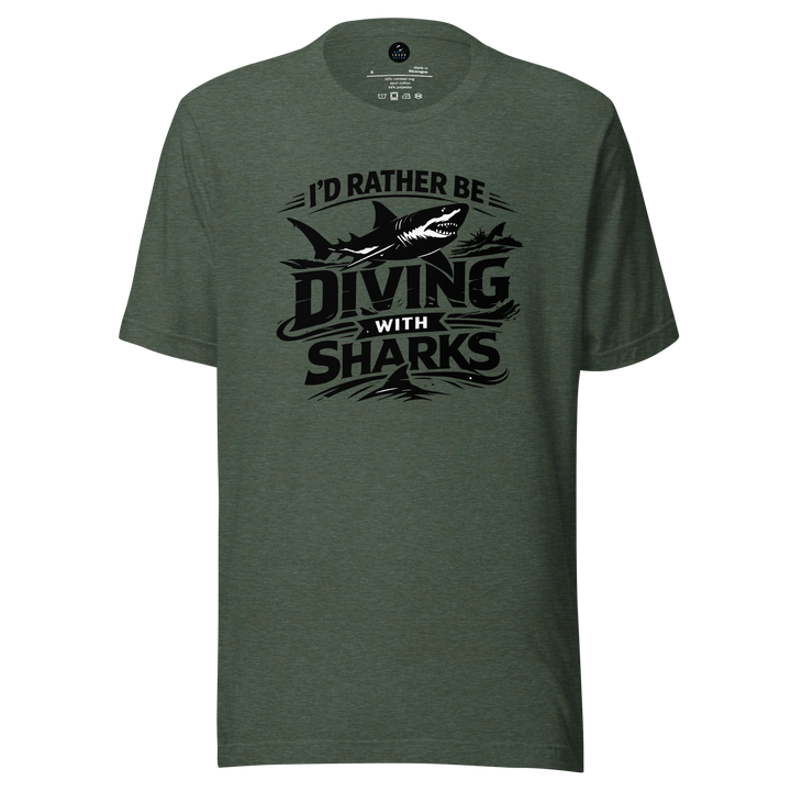 Green t-shirt with 'I'd Rather Be Diving With Sharks' text and shark graphic on a white background
