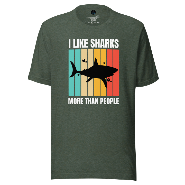 Green t-shirt with shark graphic and text on a white background