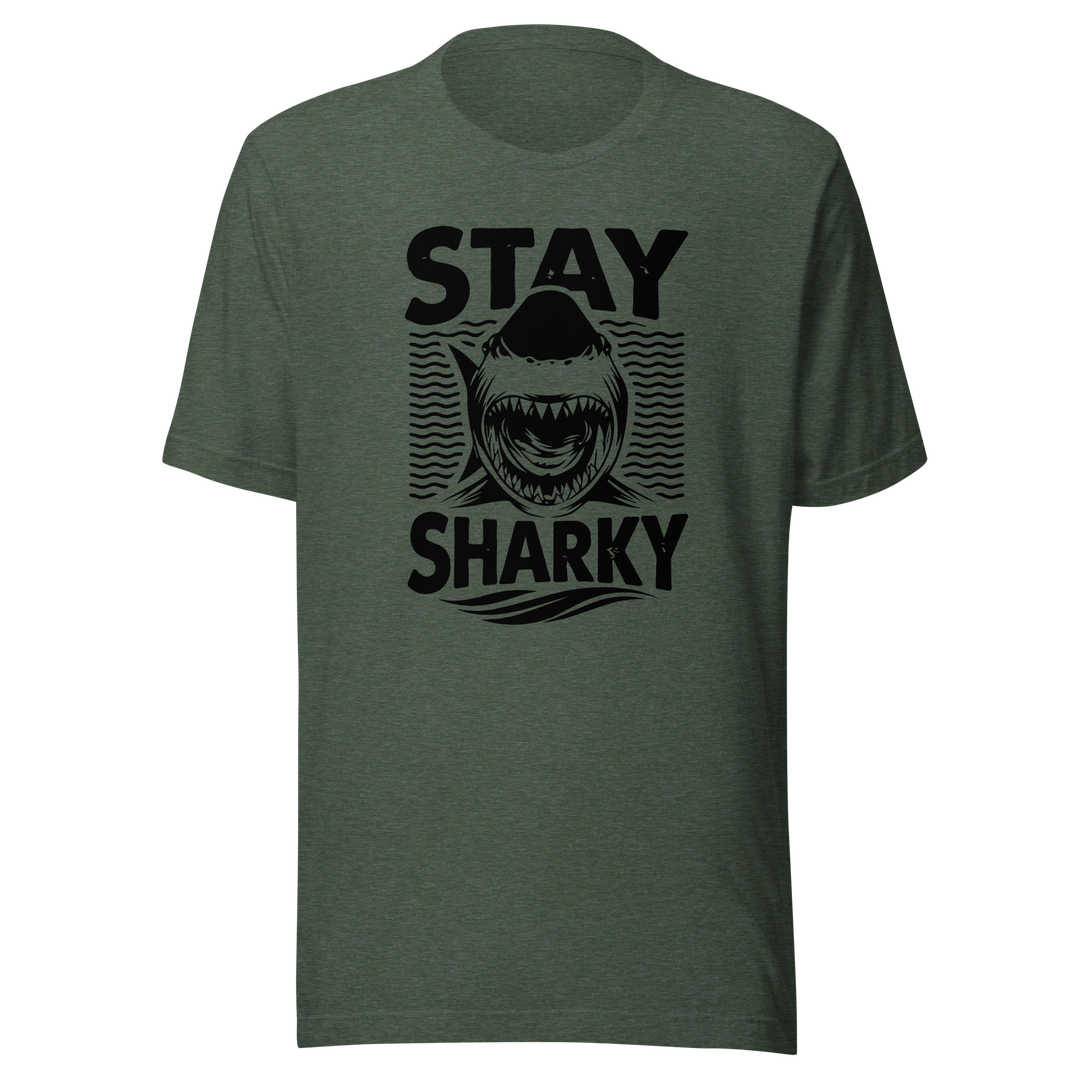 Green t-shirt with a shark graphic and 'Stay Sharky' text on a white background
