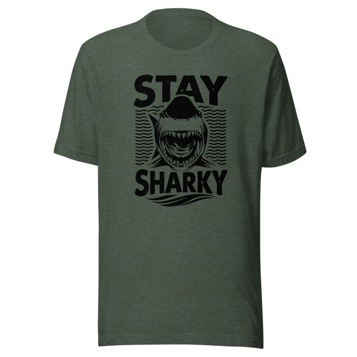 Green t-shirt with a shark graphic and 'Stay Sharky' text on a white background