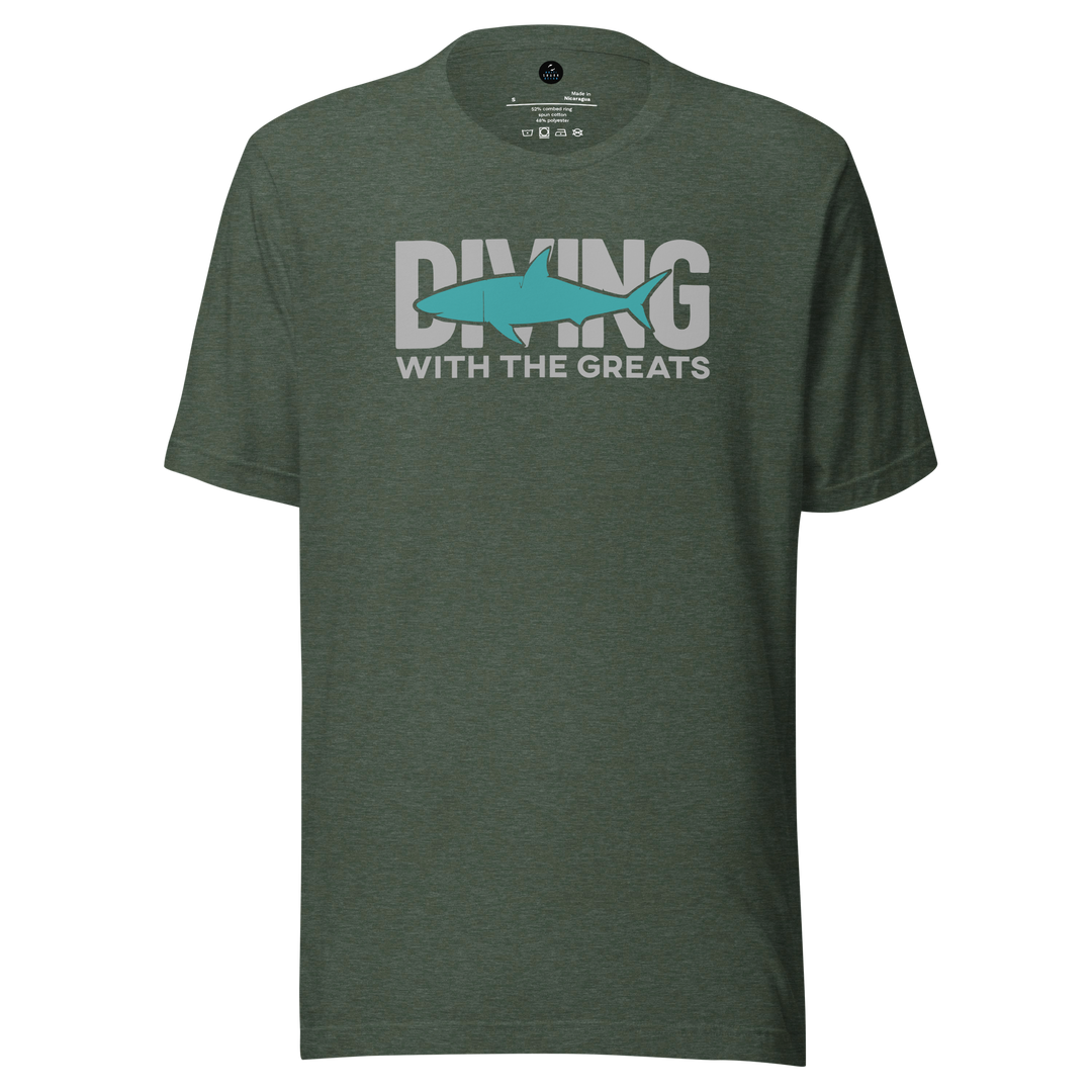 Green t-shirt with 'Diving with the Greats' text and shark graphic on a white background