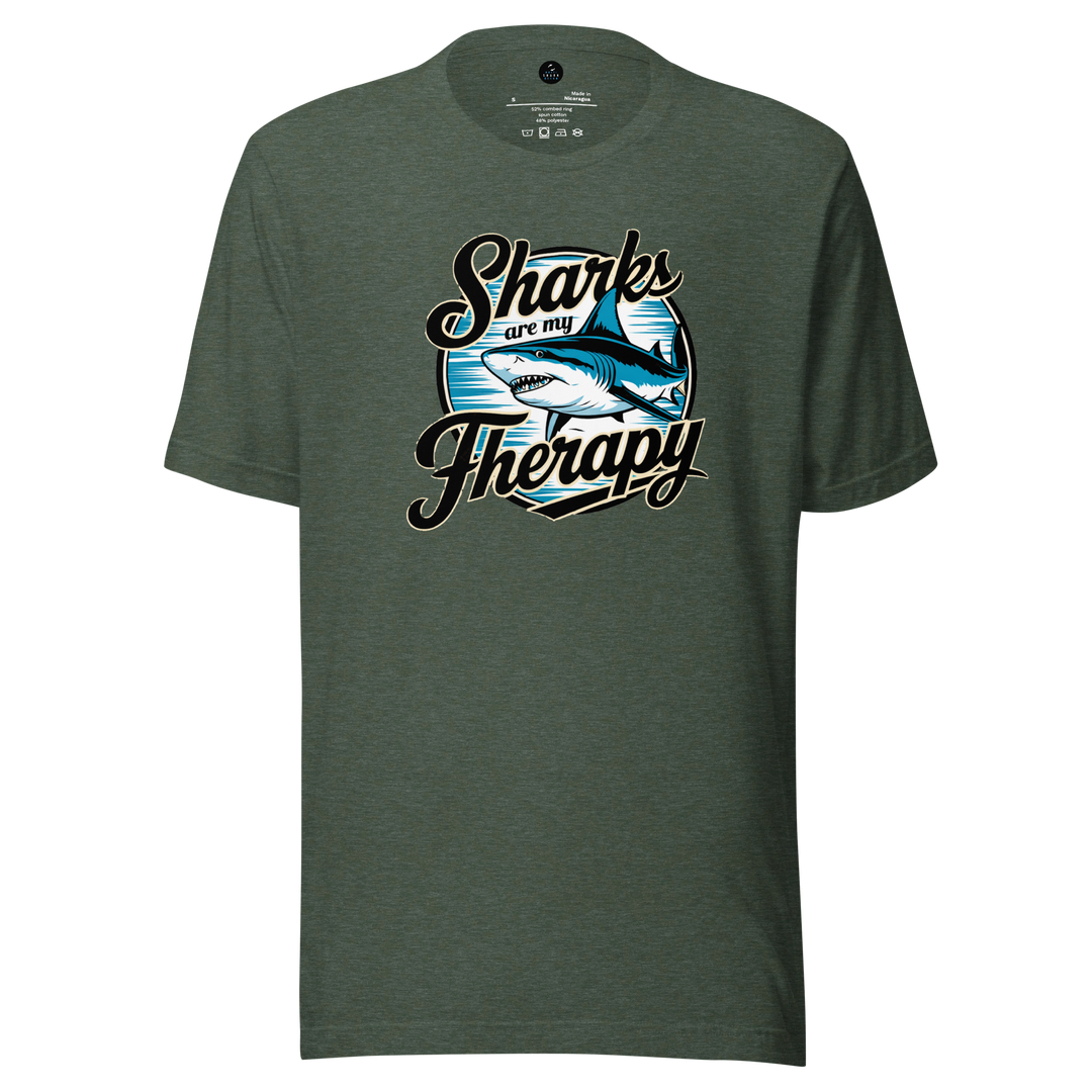 Green t-shirt with shark graphic and text on a white background