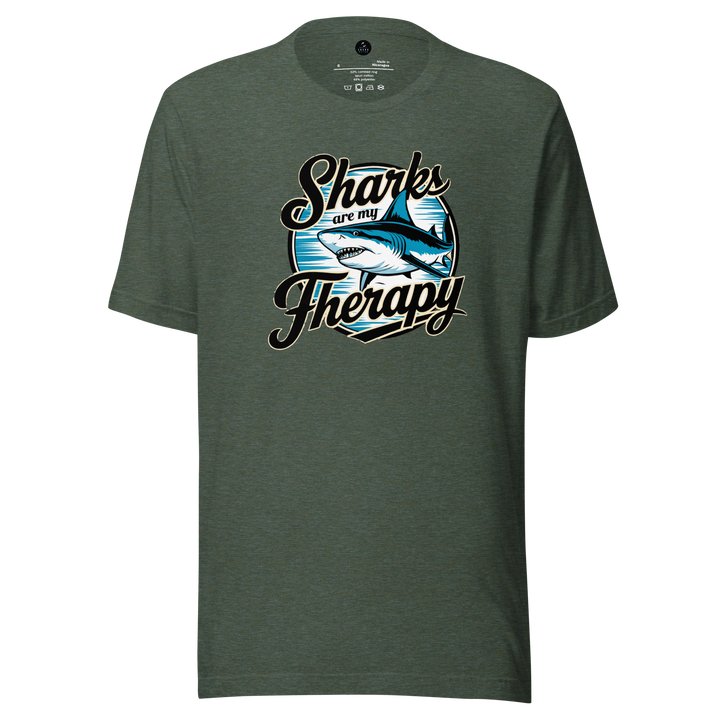 Green t-shirt with shark graphic and text on a white background