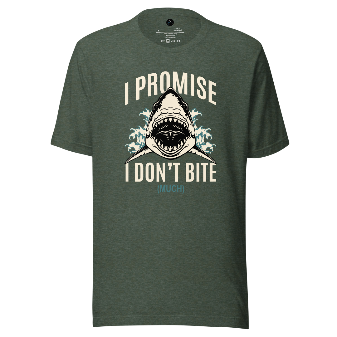 Green t-shirt with shark graphic and text 'I Promise I Don't Bite (Much)' on a white background