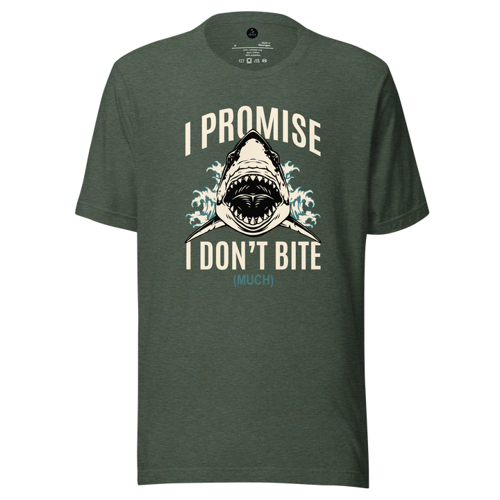 Green t-shirt with shark graphic and text 'I Promise I Don't Bite (Much)' on a white background