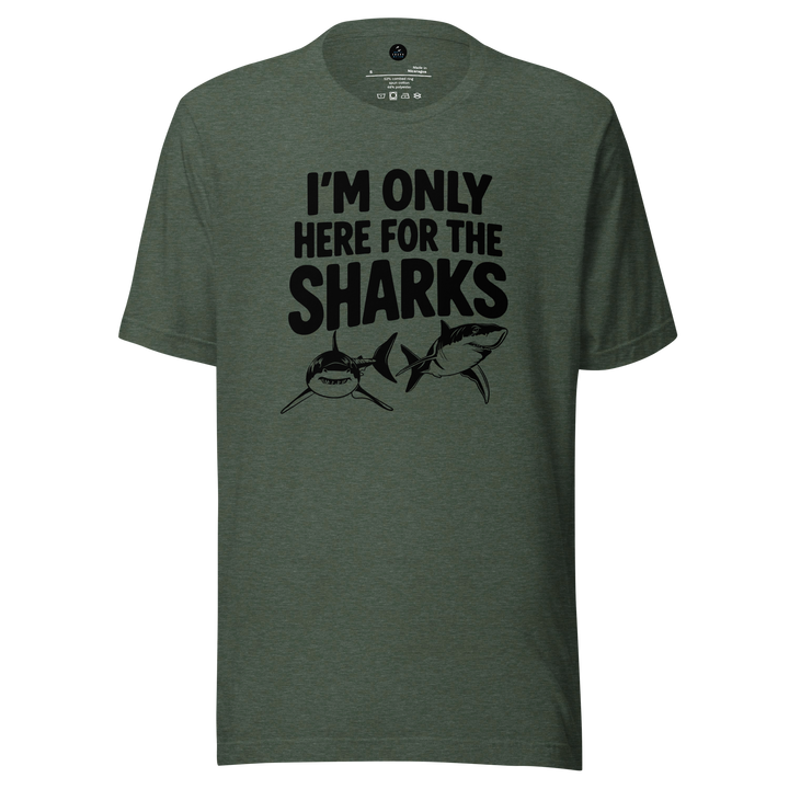 Green t-shirt with 'I'm only here for the sharks' text and shark graphics on a white background