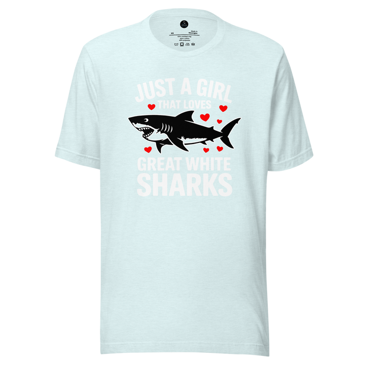Light blue t-shirt with a graphic of a shark and just a girl that loves great white sharks text on a white background