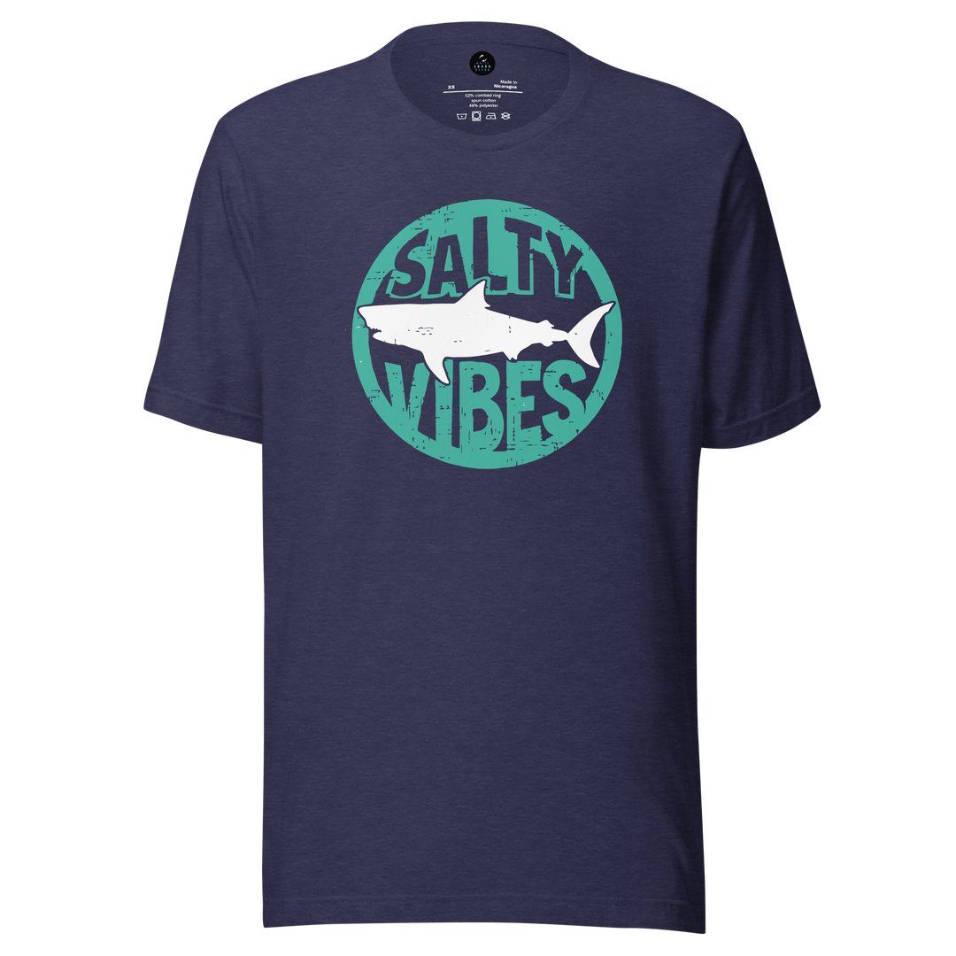 Navy blue t-shirt with a shark graphic and 'Salty Vibes' text on a white background