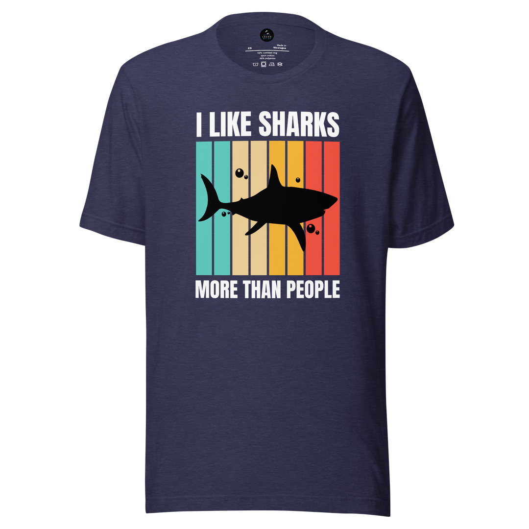 Navy blue t-shirt with shark graphic and text on a white background