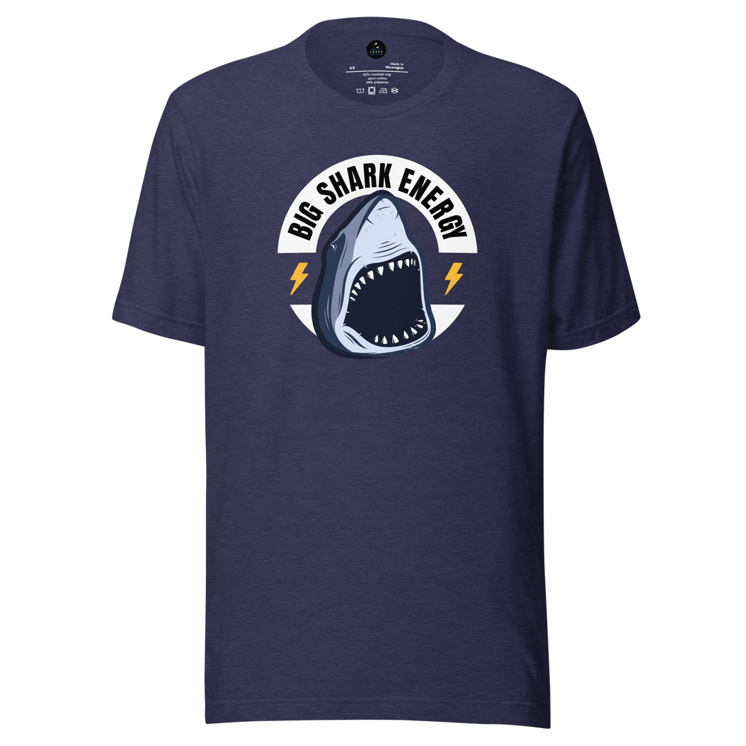 Navy blue t-shirt with a shark graphic and 'Big Shark Energy' text on a white background