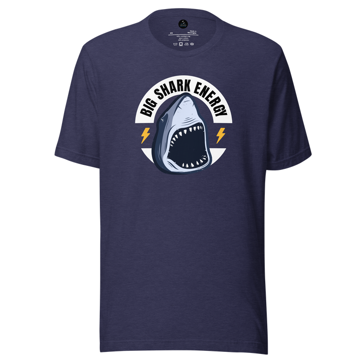 Navy blue t-shirt with a shark graphic and 'Big Shark Energy' text on a white background