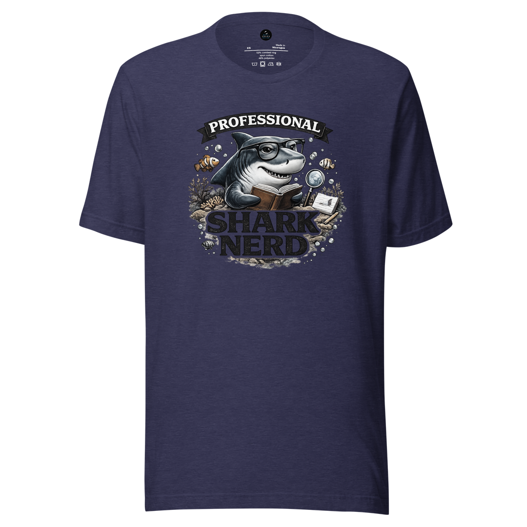 Navy blue t-shirt with a graphic of a shark wearing glasses and text 'Professional Shark Nerd' on a white background.