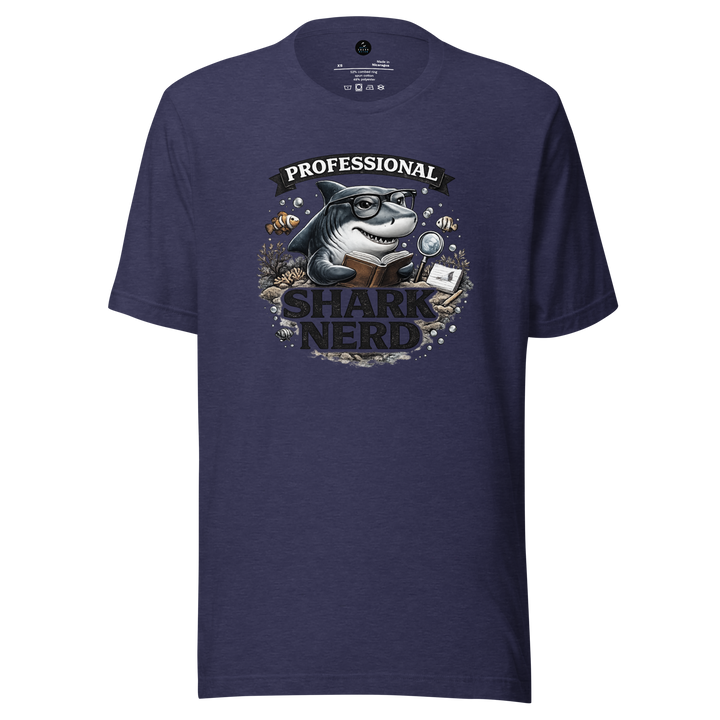 Navy blue t-shirt with a graphic of a shark wearing glasses and text 'Professional Shark Nerd' on a white background.