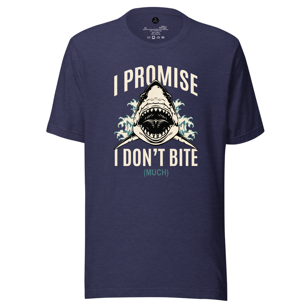 Navy blue t-shirt with shark graphic and i promise i don't bite much text on a white background