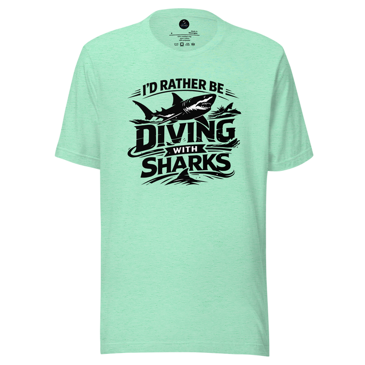 White t-shirt with 'I'd Rather Be Diving With Sharks' text and shark graphic on a white background