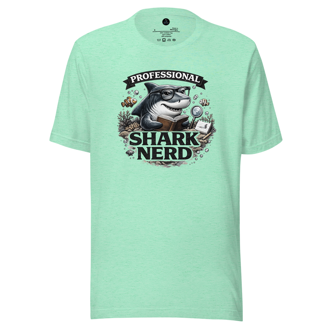 Light blue t-shirt with a graphic of a shark wearing glasses and text 'Professional Shark Nerd' on a white background.