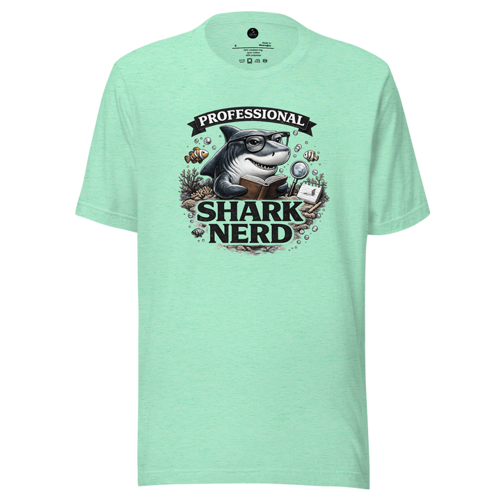 Light blue t-shirt with a graphic of a shark wearing glasses and text 'Professional Shark Nerd' on a white background.