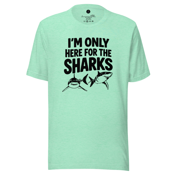 Mint green t-shirt with black text and shark graphics on a white background
