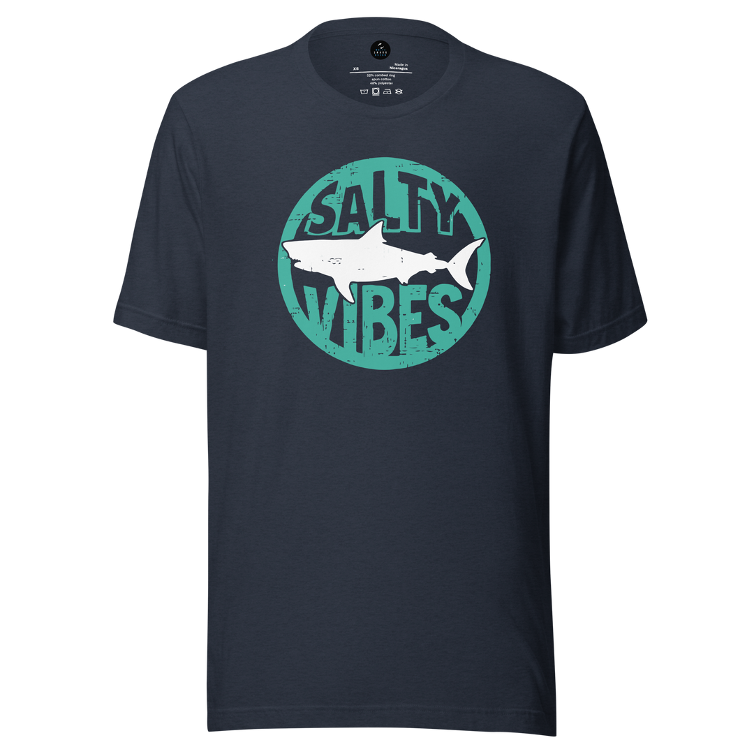 Black t-shirt with 'Salty Vibes' shark graphic design featuring a shark on a white background