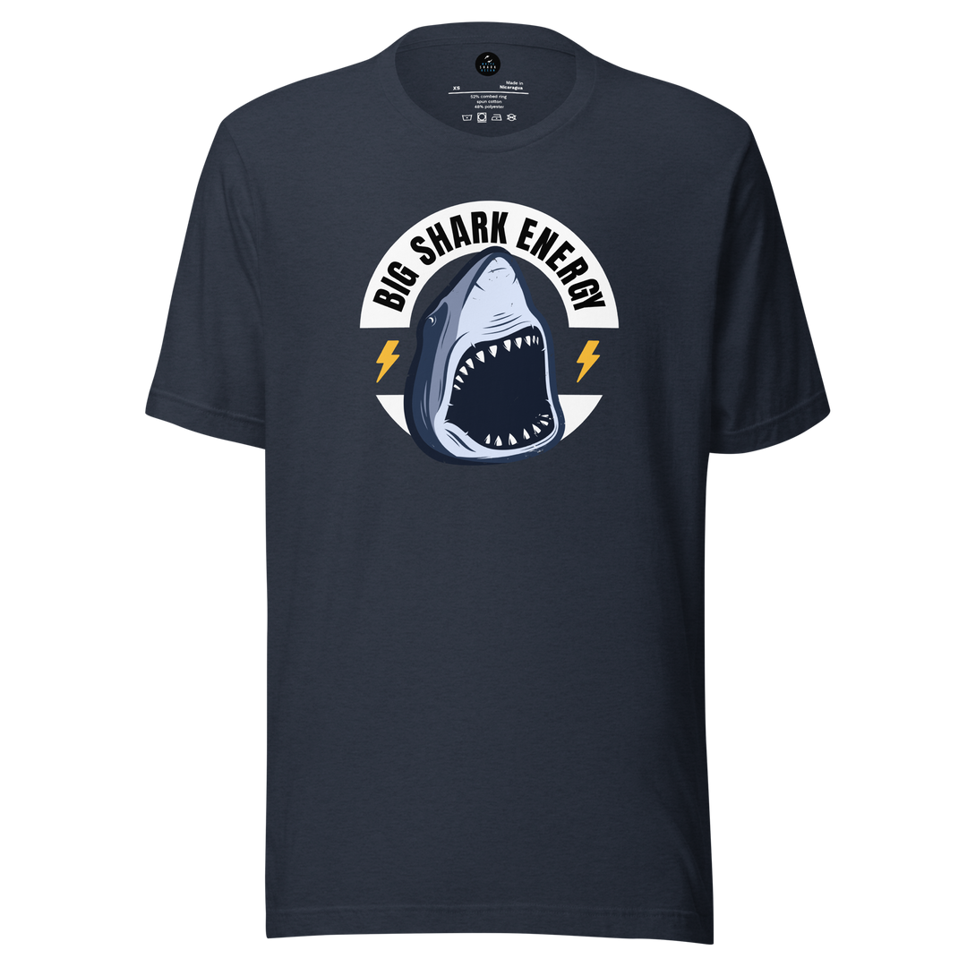 Navy blue t-shirt with a shark graphic and 'Big Shark Energy' text on a white background