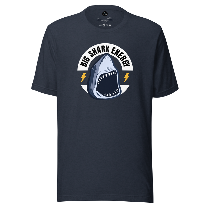 Navy blue t-shirt with a shark graphic and 'Big Shark Energy' text on a white background