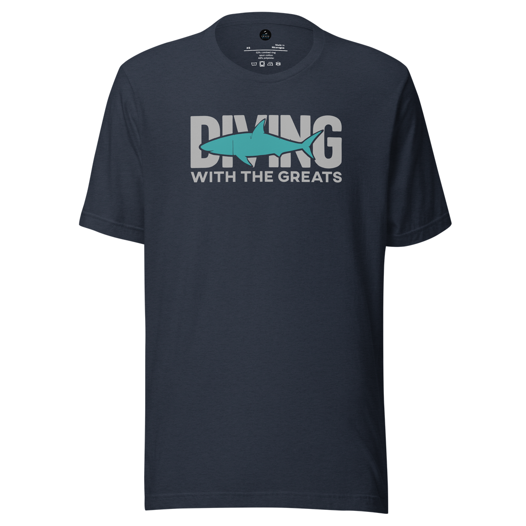 Navy blue t-shirt with 'Diving with the Greats' text and shark graphic on a white background