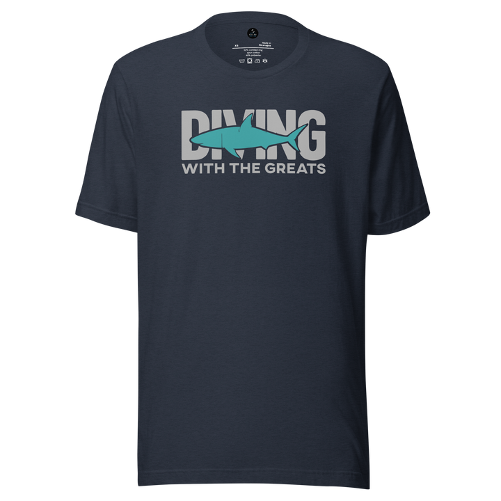 Navy blue t-shirt with 'Diving with the Greats' text and shark graphic on a white background