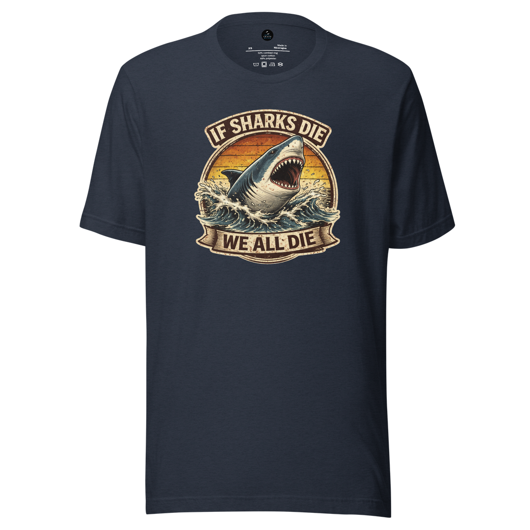 Navy blue t-shirt with shark graphic and "if sharks die we all die" text on a white background