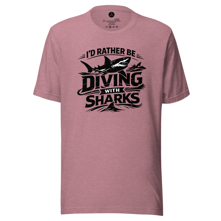 Pink t-shirt with 'I'd Rather Be Diving With Sharks' text and shark graphic on a white background