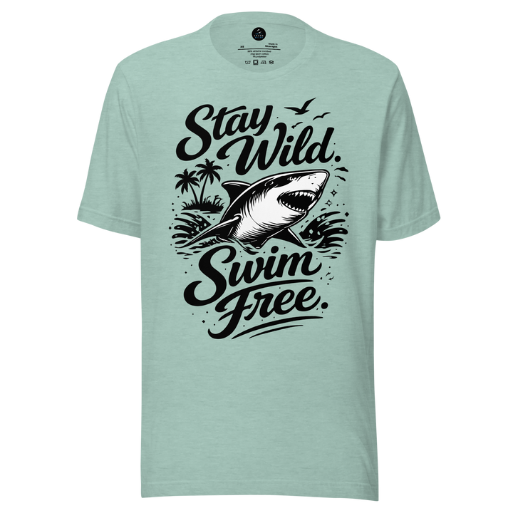 Light blue t-shirt with black shark graphic and text 'Stay Wild Swim Free' on a white background