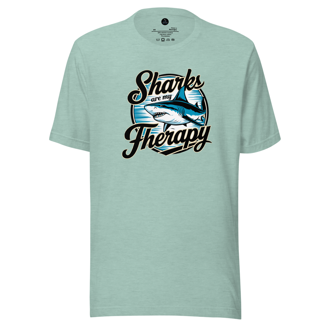 Light blue t-shirt with 'Sharks are my Therapy' graphic design on a white background