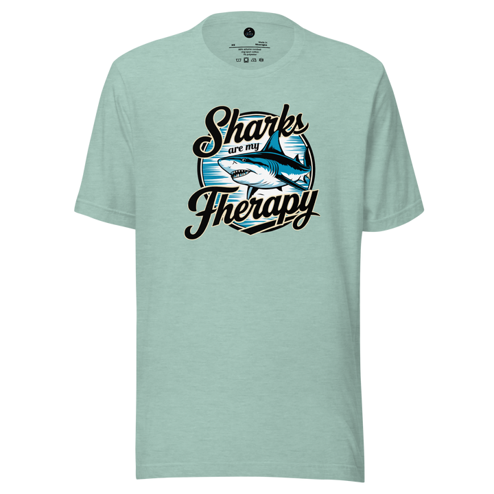 Light blue t-shirt with 'Sharks are my Therapy' graphic design on a white background