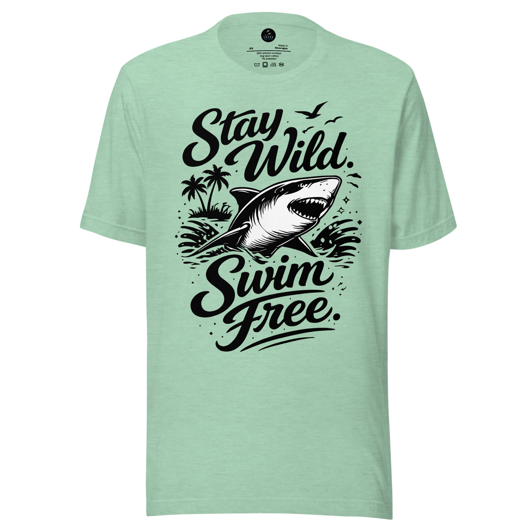 Mint green t-shirt with a shark graphic and text 'Stay Wild Swim Free' on a white background