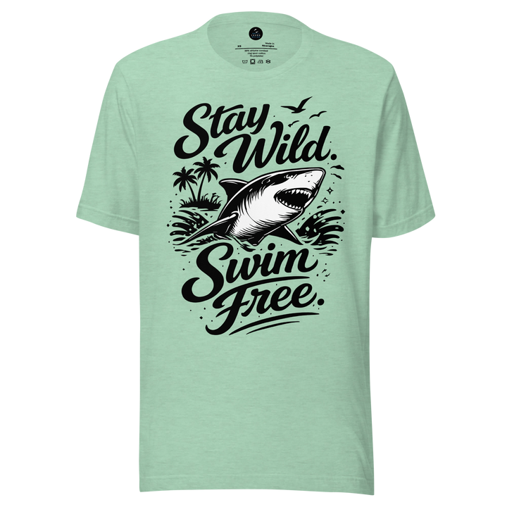 Mint green t-shirt with a shark graphic and text 'Stay Wild Swim Free' on a white background