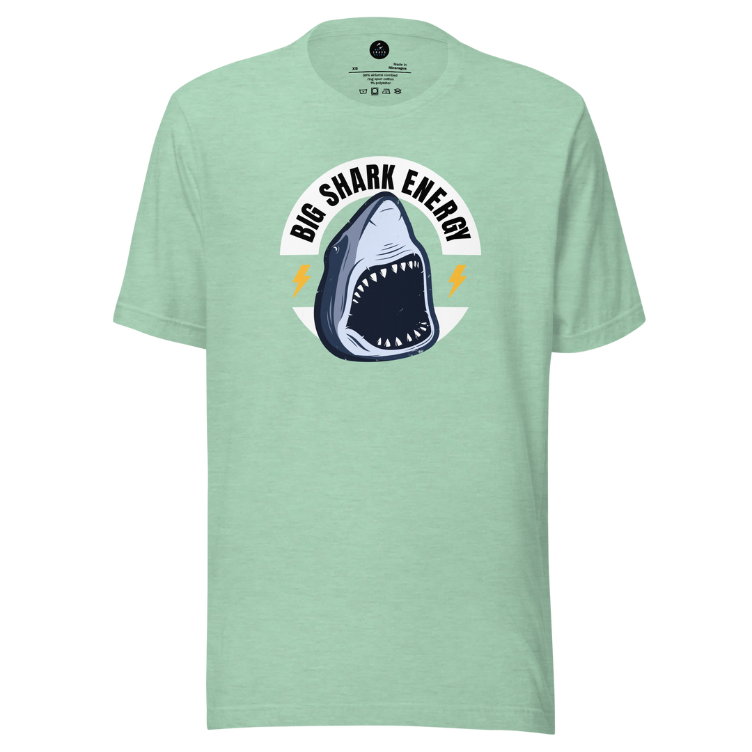 Light green t-shirt with a shark graphic and text on a white background