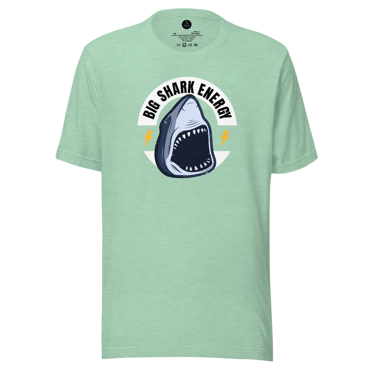 Light green t-shirt with a shark graphic and text on a white background