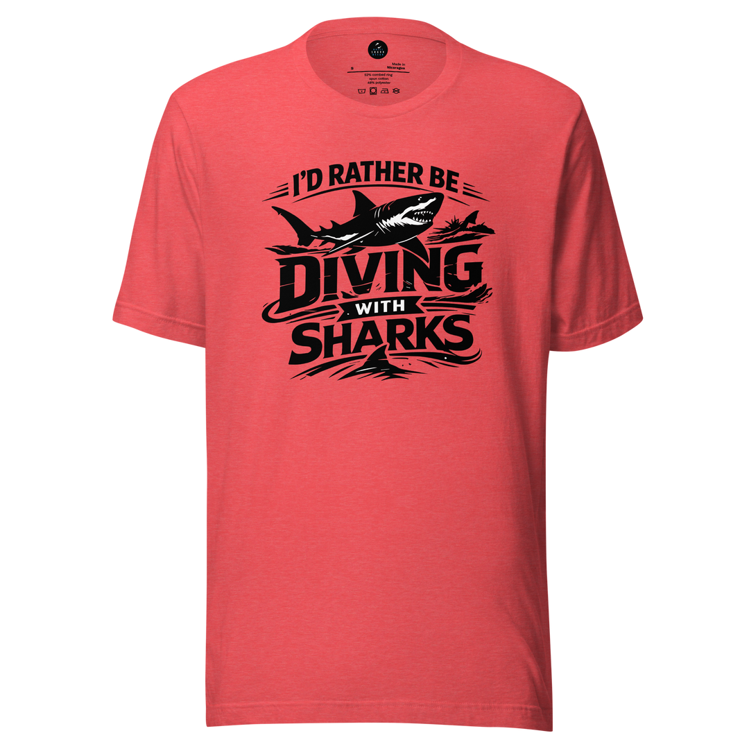 Red t-shirt with black graphic and text 'I'd Rather Be Diving With Sharks' on a white background