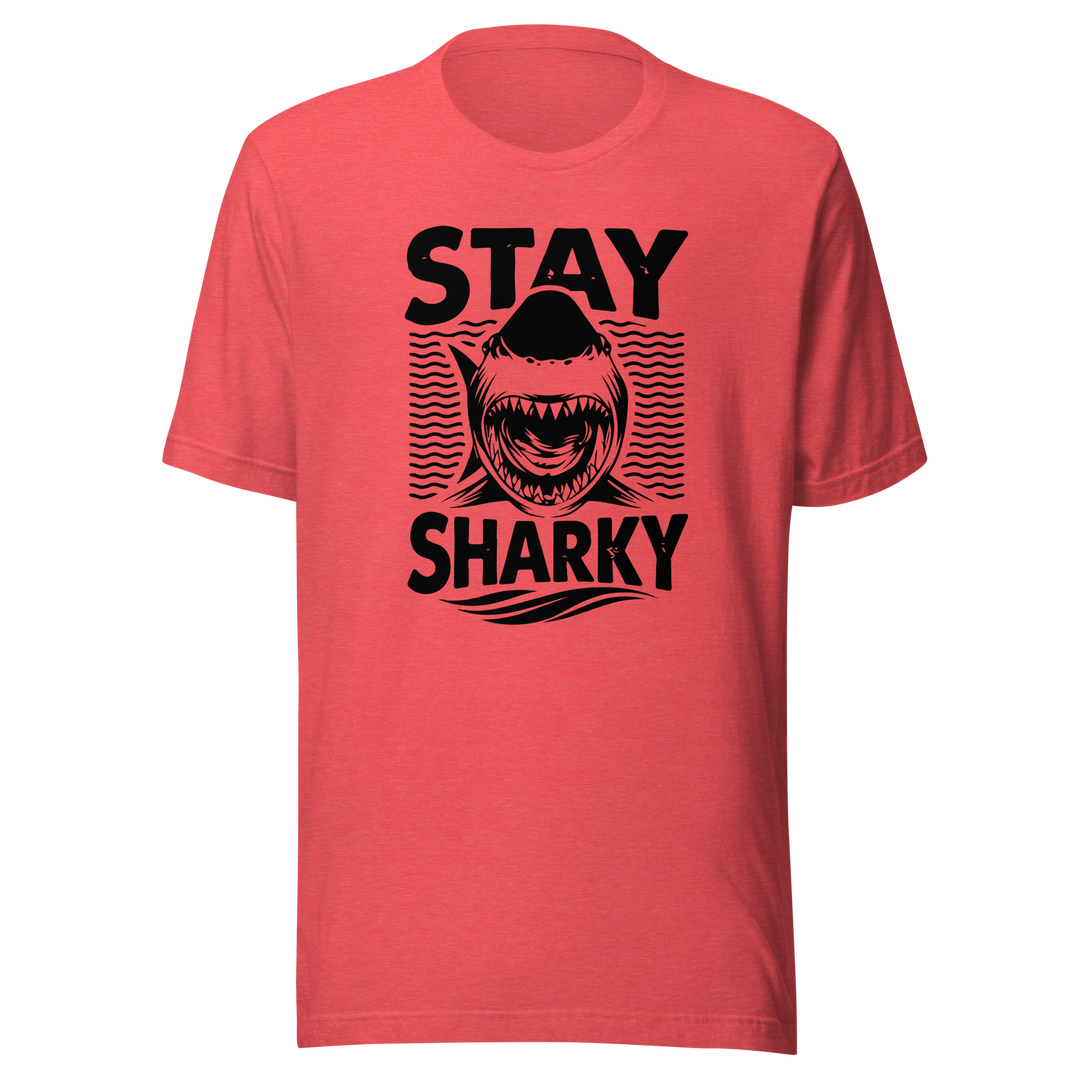 Red t-shirt with black shark graphic and text 'Stay Sharky' on a white background