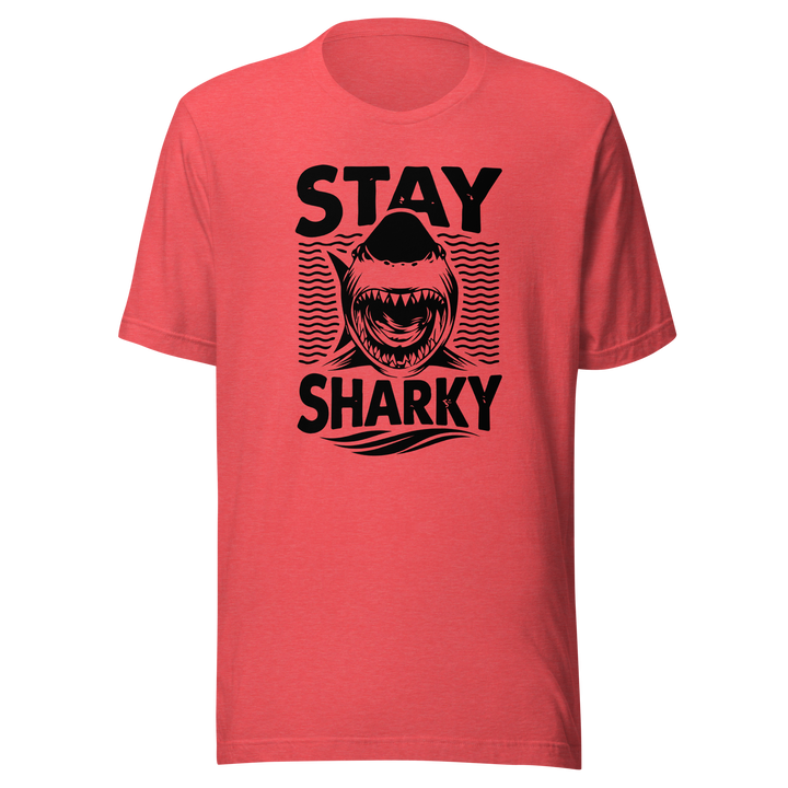 Red t-shirt with black shark graphic and text 'Stay Sharky' on a white background
