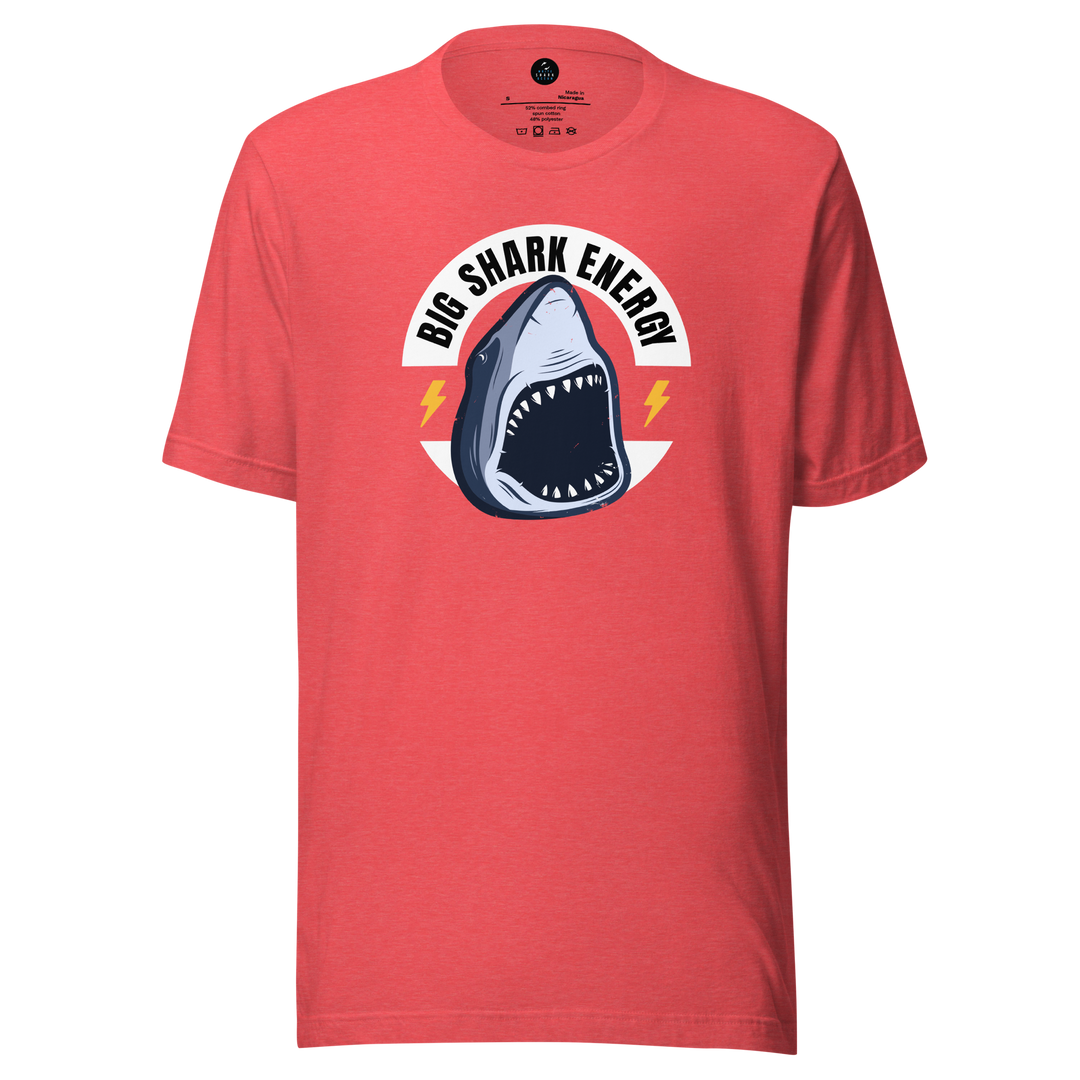 Red t-shirt with a shark graphic and 'Big Shark Energy' text on a white background