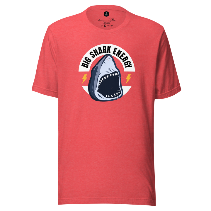 Red t-shirt with a shark graphic and 'Big Shark Energy' text on a white background