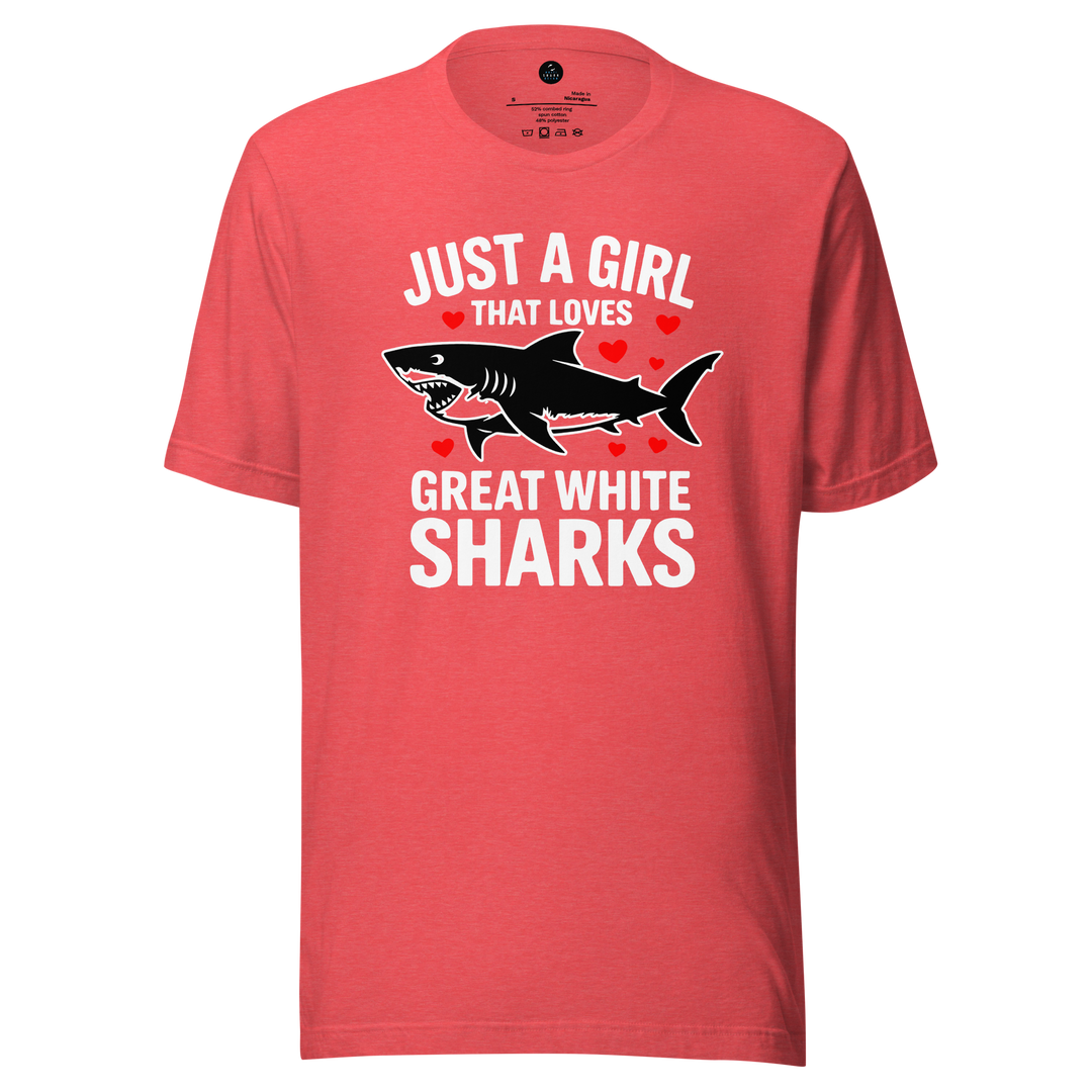 Red t-shirt with a graphic of a shark and just a girl that loves great white sharks text on a white background