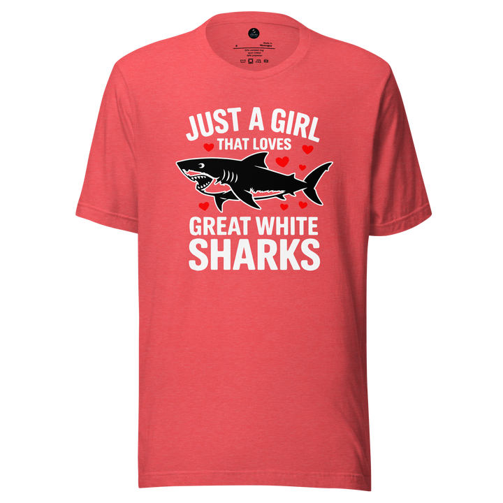 Red t-shirt with a graphic of a shark and just a girl that loves great white sharks text on a white background